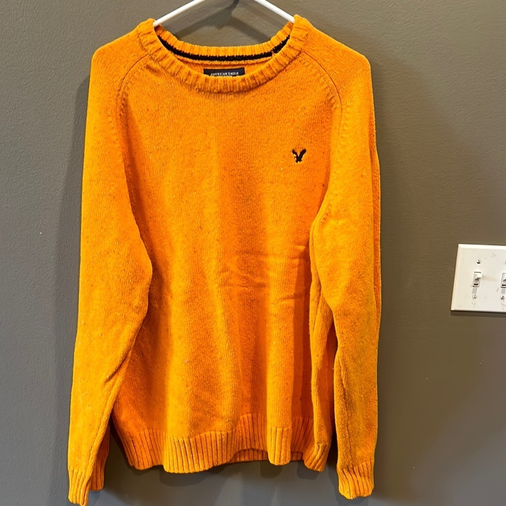 American Eagle Men's Orange Crew Neck Sweater size XL elbow patches